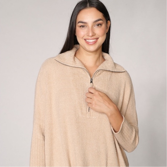 Barefoot Dreams Cozy Chic Lite Half Zip Poncho in Camel Tan - Picture 2 of 6